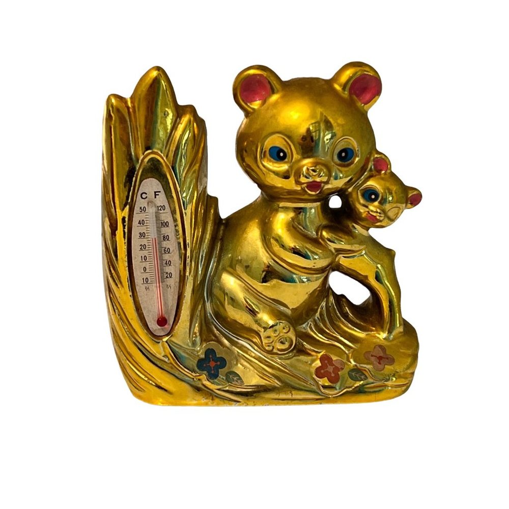 Vintage Oriental Gold Bears Thermometer Planter SM Made in Japan Kitsch Ceramic